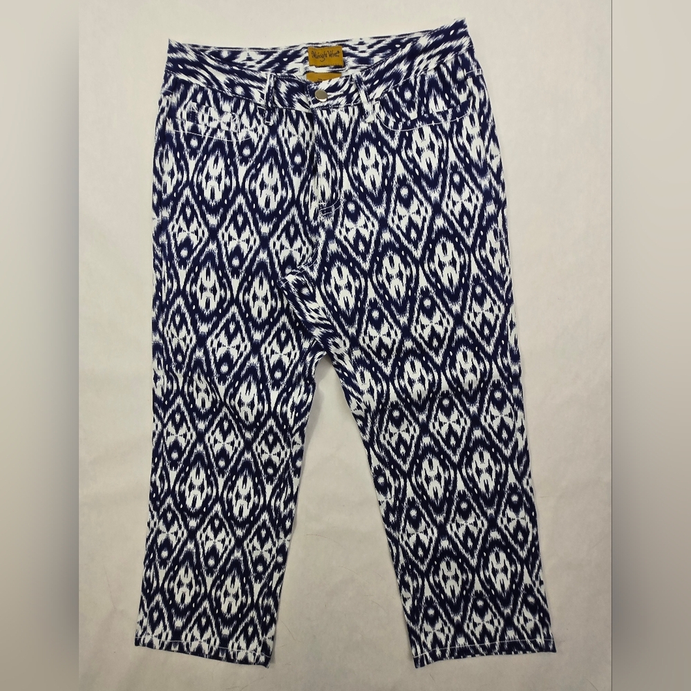Midnight Velvet Pants Capri Women's Sz 12 Blue White Geo Print Stretch 5 Pocket